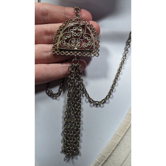 Vintage Etruscan Style Filigree Pendant And Tassel Necklace - Picture 4 of 7